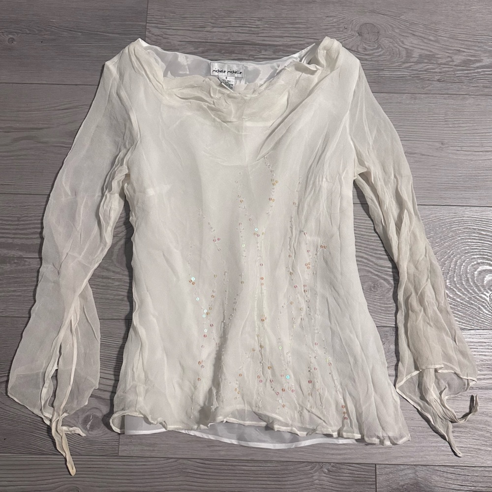 Vintage 90s Michele Michelle white sequin chiffon long sleeve silk top, Size S